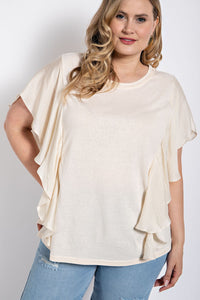 Knit Round Neck Top with Washed Satin Flowy Sleeves