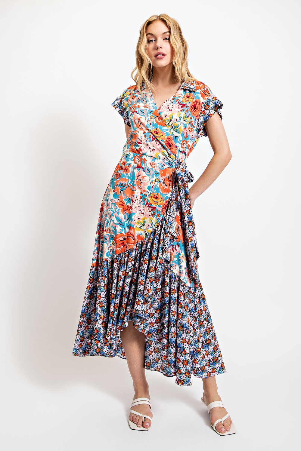 Floral Print Shirred Faux Wrap Dress
