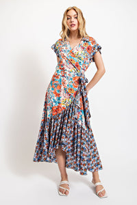 Floral Print Shirred Faux Wrap Dress