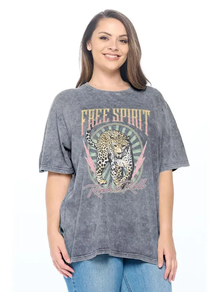 Free Spirit Rock N Roll Graphic S/S Washed Plus Size Tee