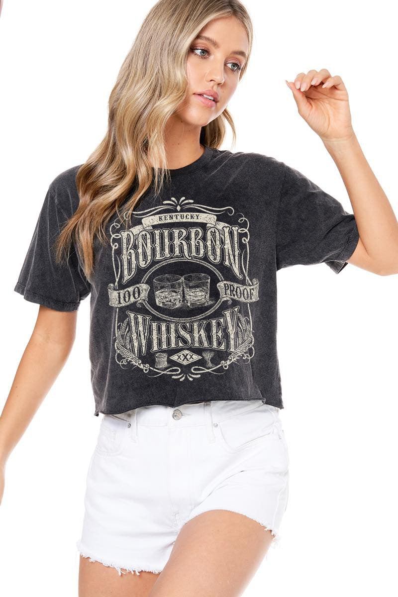 Bourbon Whiskey 100 Proof Graphic S/S Washed Faux Crop Tee