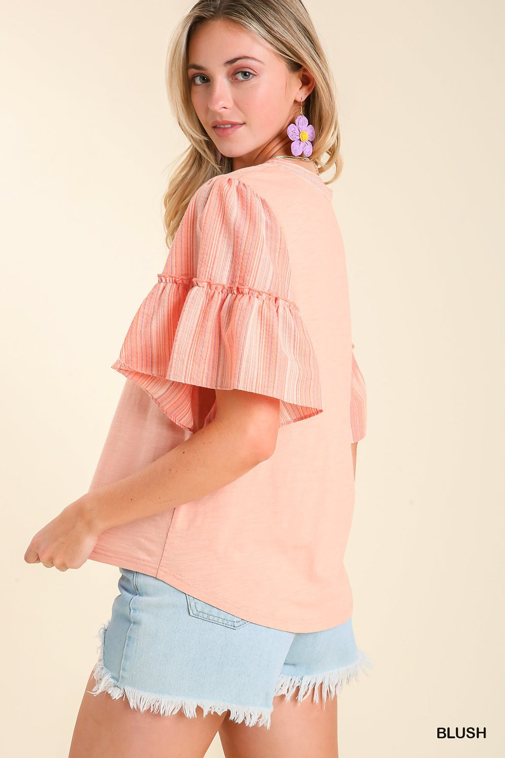 Mixed Print Half Button Down Top with Stripe Batwing Sleeves