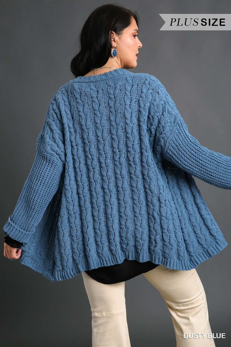 3/4 Folded Sleeve Open Front Cable Knit Sweater Cardigan