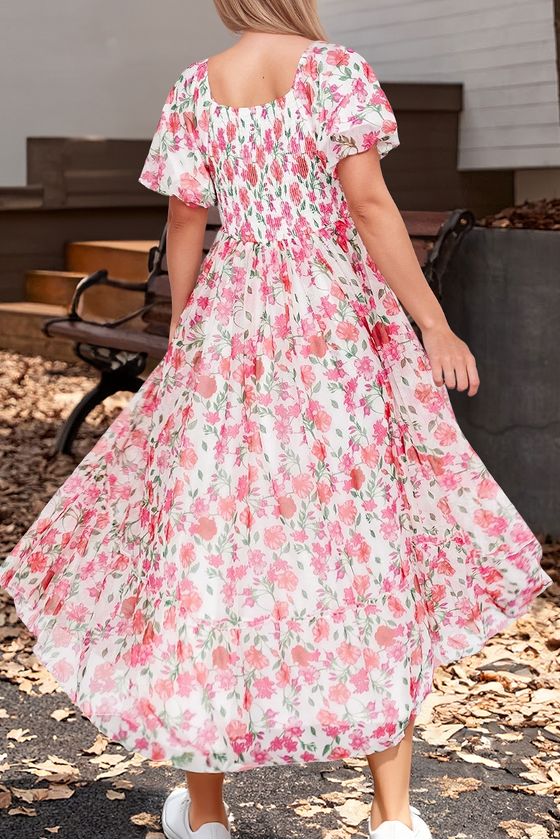 fitted lace wedding dress Floral Square Neck Puff Sleeve Ruffle Maxi Dress – Cranberry Boutique