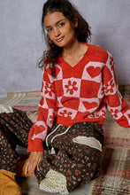 Load image into Gallery viewer, V Neck Red Sweater Heart and Flower