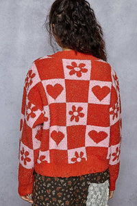 V Neck Red Sweater Heart and Flower
