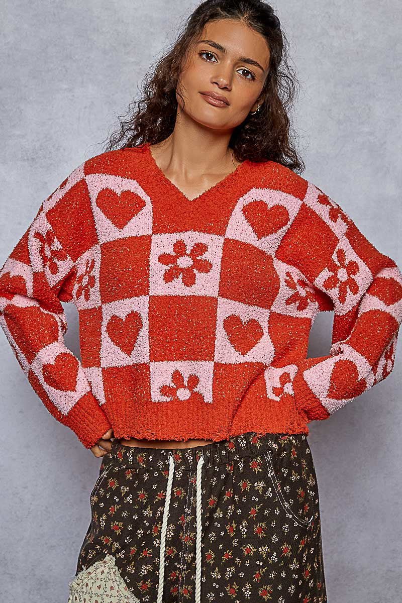 V Neck Red Sweater Heart and Flower