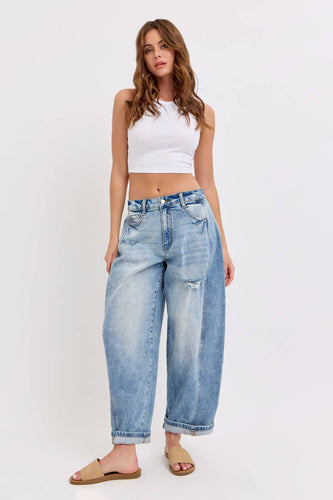 Mid-Waisted Barrel Jeans with Side Panels