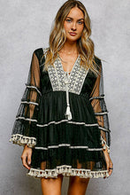 Load image into Gallery viewer, Split Embroidery Tassel Detail V-Neck Flared Short Dress