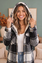 Load image into Gallery viewer, BLACK AND WHITE PLAID SHERPA LINED HOODED SHACKET