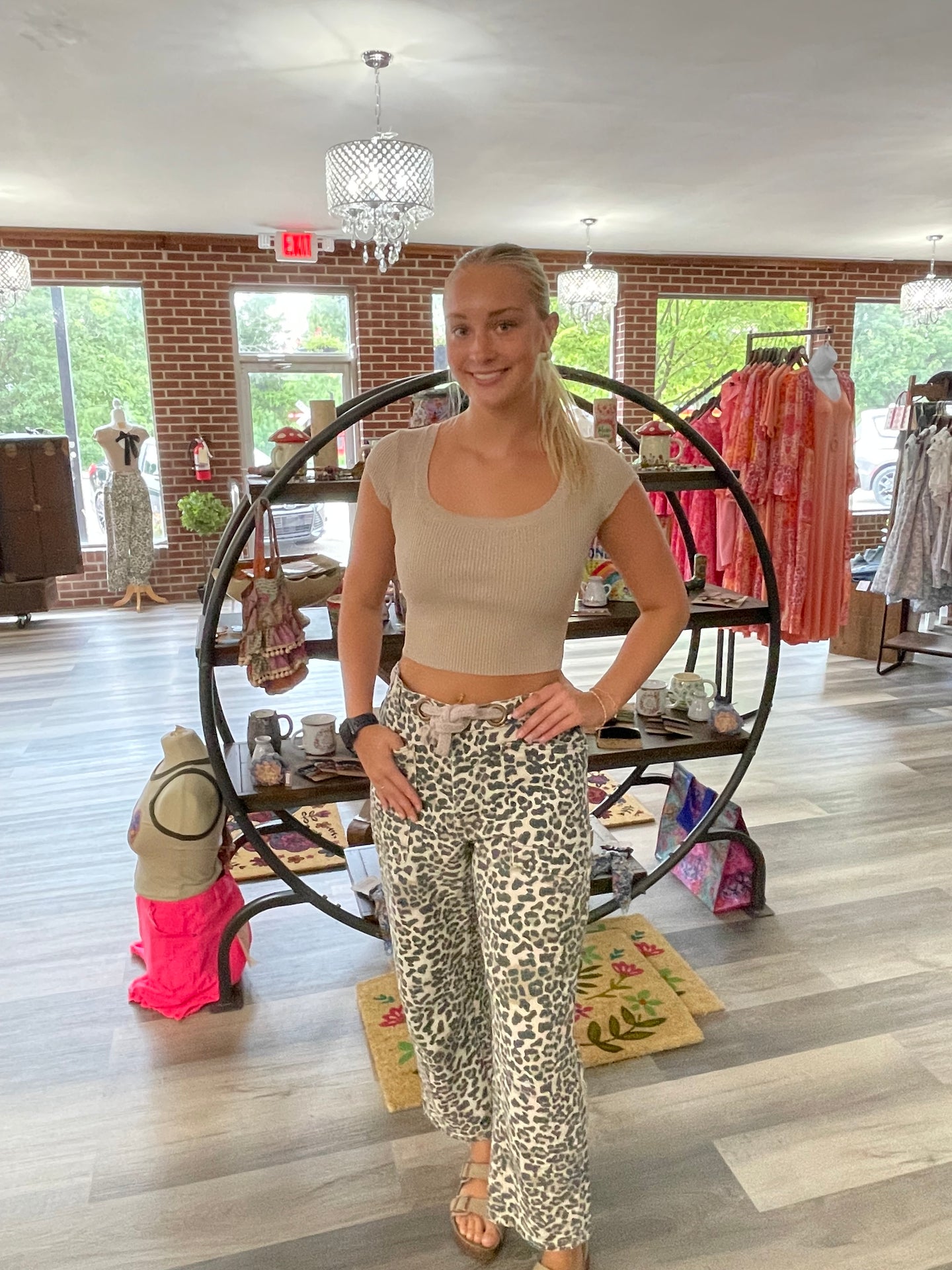 Braided Waist Belt Patch Leopard Print Pants