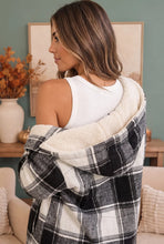 Load image into Gallery viewer, BLACK AND WHITE PLAID SHERPA LINED HOODED SHACKET