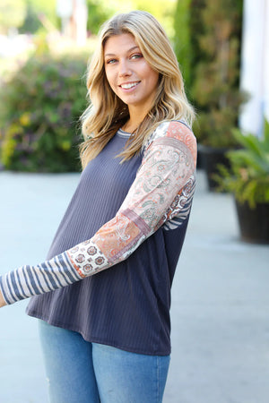 SHADOW GREY & RUST RAGLAN PATCHWORK STRIPE COLOR BLOCK TOP