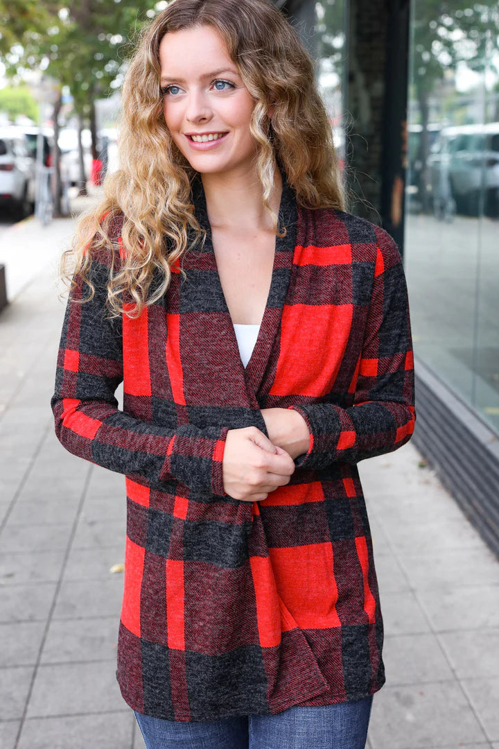 Red & Black Plaid Cardigan