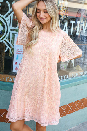 BLUSH PLEATED ACCORDIAN LACE MIDI SHIFT DRESS