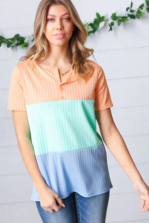 PEACH MINT & BLUE BUTTON DOWN POINTELLE COLOR BLOCK KNIT TOP
