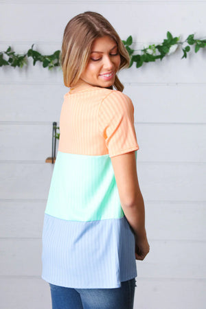 PEACH MINT & BLUE BUTTON DOWN POINTELLE COLOR BLOCK KNIT TOP