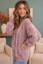 Load image into Gallery viewer, WINE CABLE KNIT BUTTON FRONT CARDIGAN