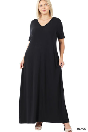 PLUS V-NECK SHORT SLEEVE MAXI DRESS