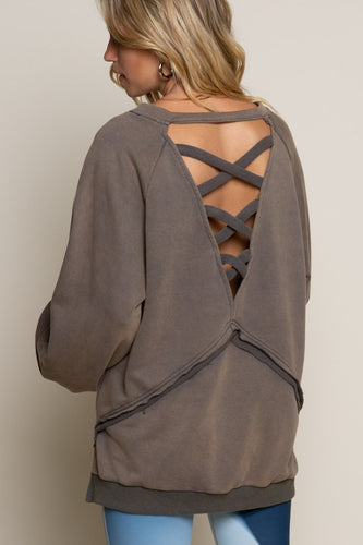 Back cross strap details balloon sleeve sweatshirt