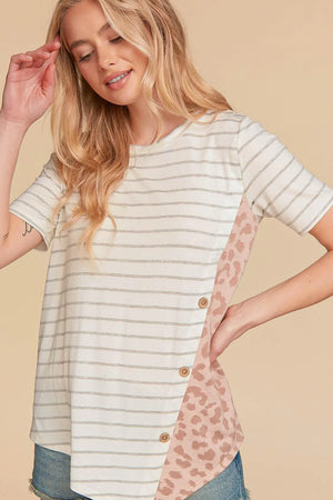 IVORY GREY & TAUPE YARN DYE STRIPE ANIMAL PRINT BUTTON TOP