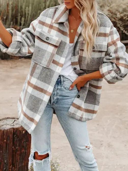 Khaki Plaid Button Flannel Shirt Jacket