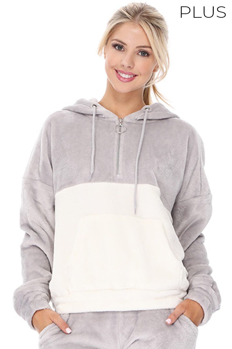 TWO BLOCK PLUSH HALF ZIP UP HOODI