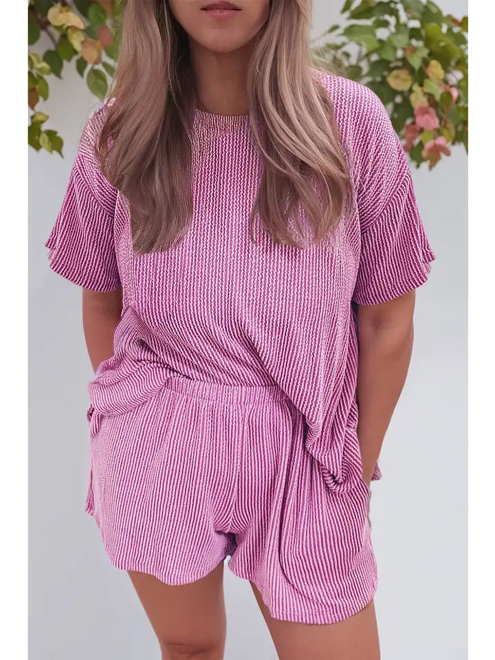 Ribbed Knit T Shirt and Shorts Lounge Set