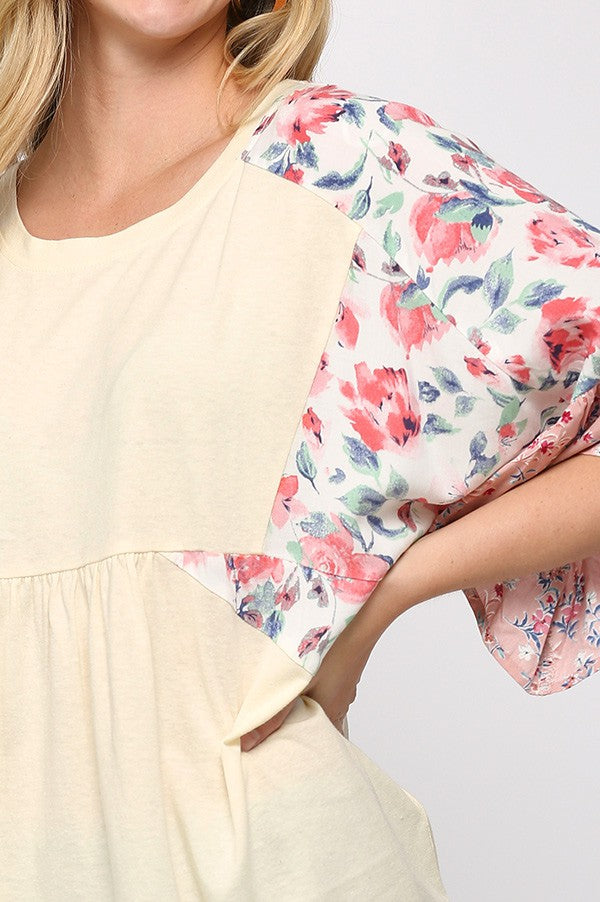 Solid and Floral Prints Mixed Half Peplum Top
