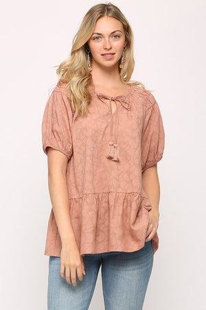 Jacquard Woven and Shirring Detail Top