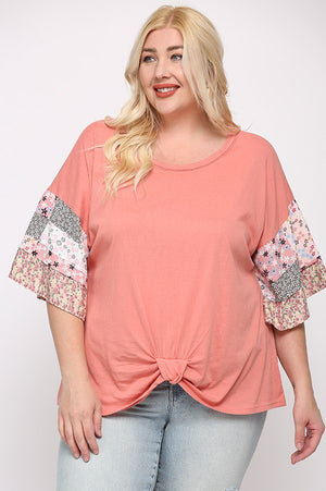 Solid Knit and Print Mixed Knotted Detail Top
