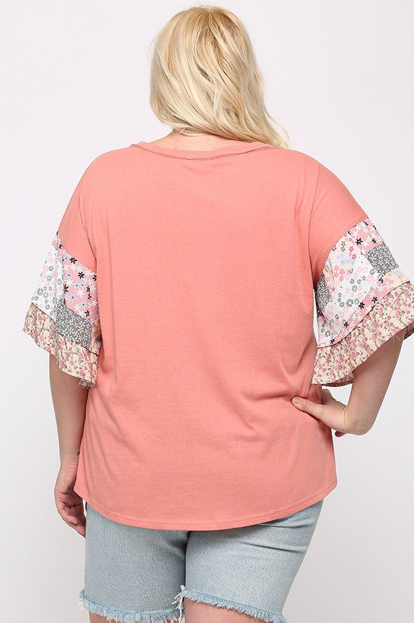 Solid Knit and Print Mixed Knotted Detail Top