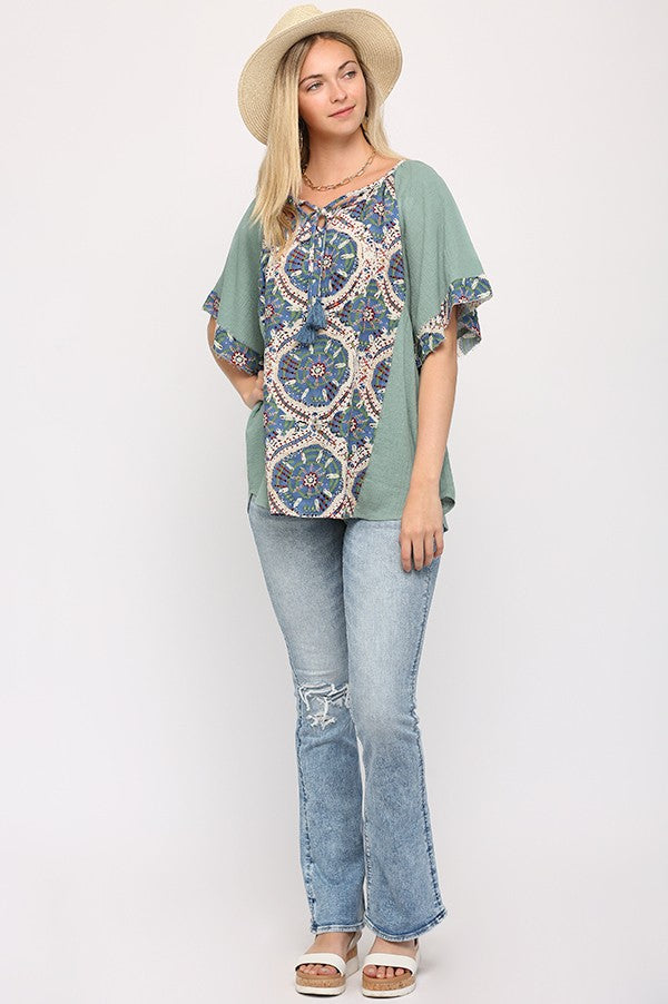 Pattern Print and Solid Mixed Raw Edge Detail Top