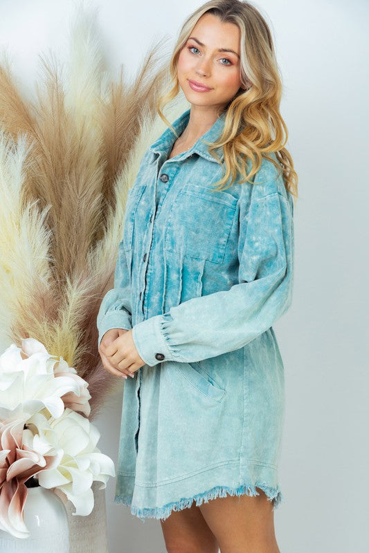 Corduroy Dip Dye Shirt Dress in Teal Corduroy Dip Dye Shirt Dress in Teal