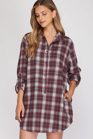 ROLL UP SLEEVE CHECKERED TUNIC TOP WITH POCKETS