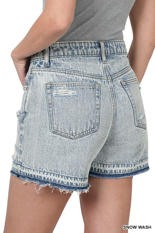DISTRESSED RAW HEM DENIM SHORTS