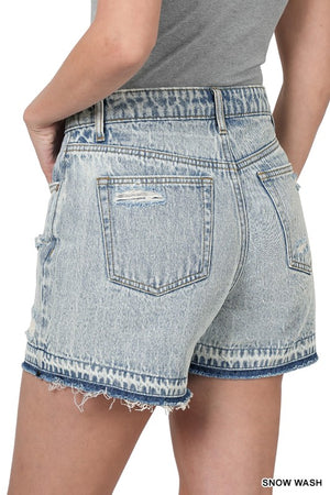 DISTRESSED RAW HEM DENIM SHORTS