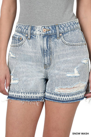 DISTRESSED RAW HEM DENIM SHORTS