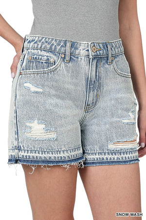 DISTRESSED RAW HEM DENIM SHORTS