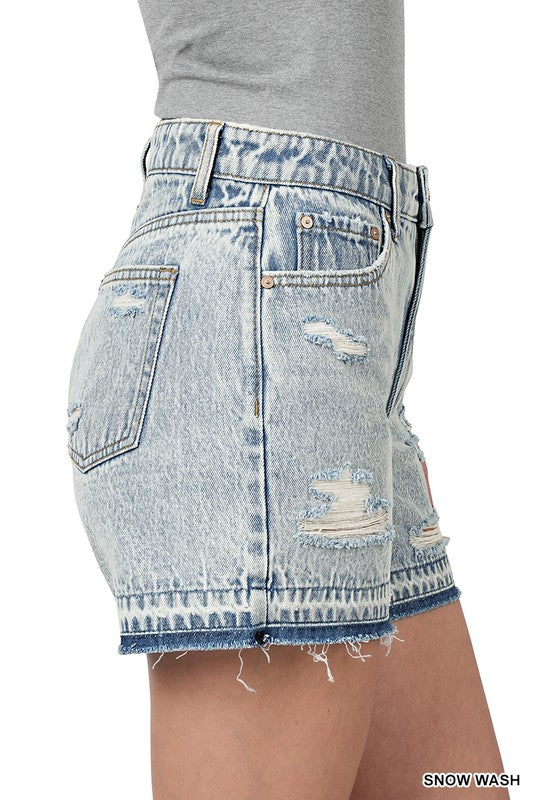DISTRESSED RAW HEM DENIM SHORTS