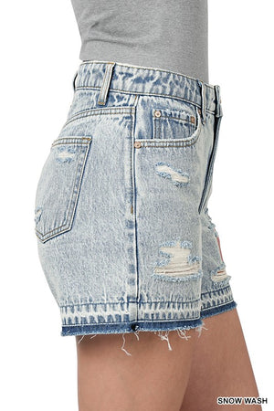 DISTRESSED RAW HEM DENIM SHORTS