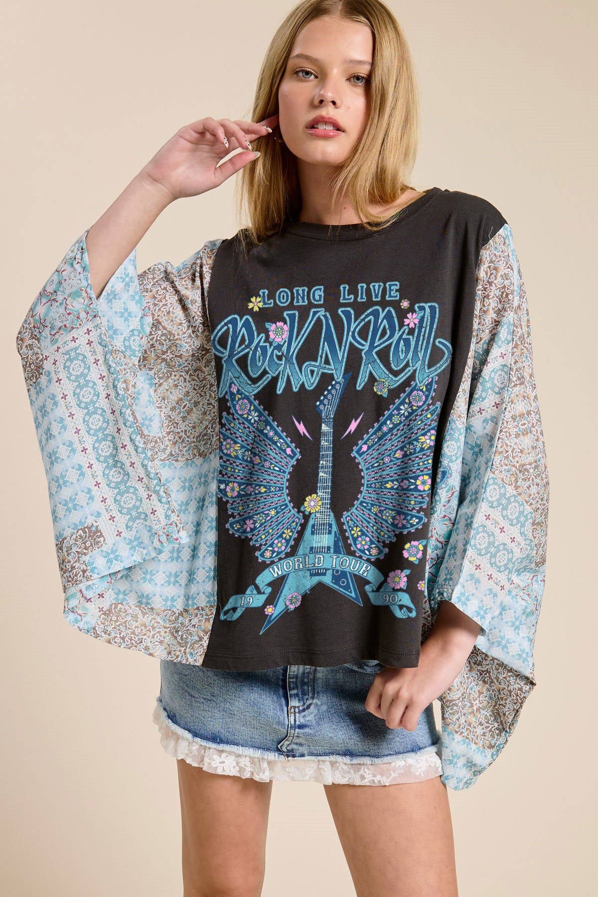 Long Live Rock N Roll Graphic Boho Contrast Poncho Top