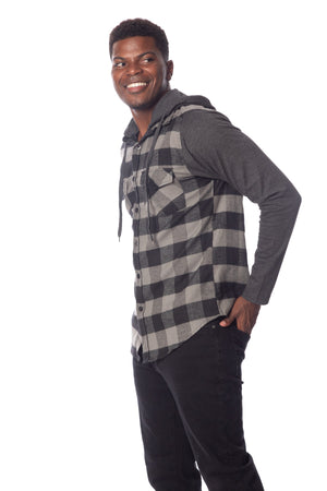 Men's Flannel Hoodie-Loose Fit-Plaid-Long Sleeve