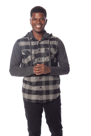 Men's Flannel Hoodie-Loose Fit-Plaid-Long Sleeve