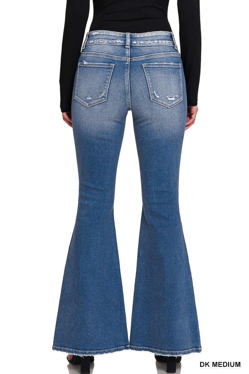 MID RISE SUPER FLARE DENIM PANTS W/ TWO BUTTONS