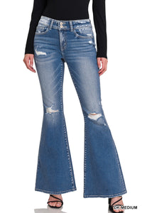 MID RISE SUPER FLARE DENIM PANTS W/ TWO BUTTONS