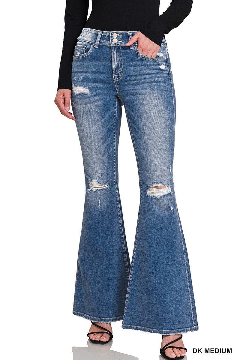 MID RISE SUPER FLARE DENIM PANTS W/ TWO BUTTONS
