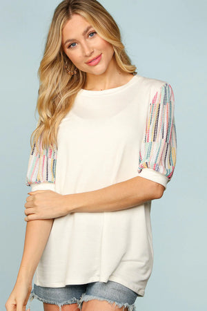 IVORY MINT CORAL PUFF BUBBLE MULTI COLOR SHORT SLEEVE TOP