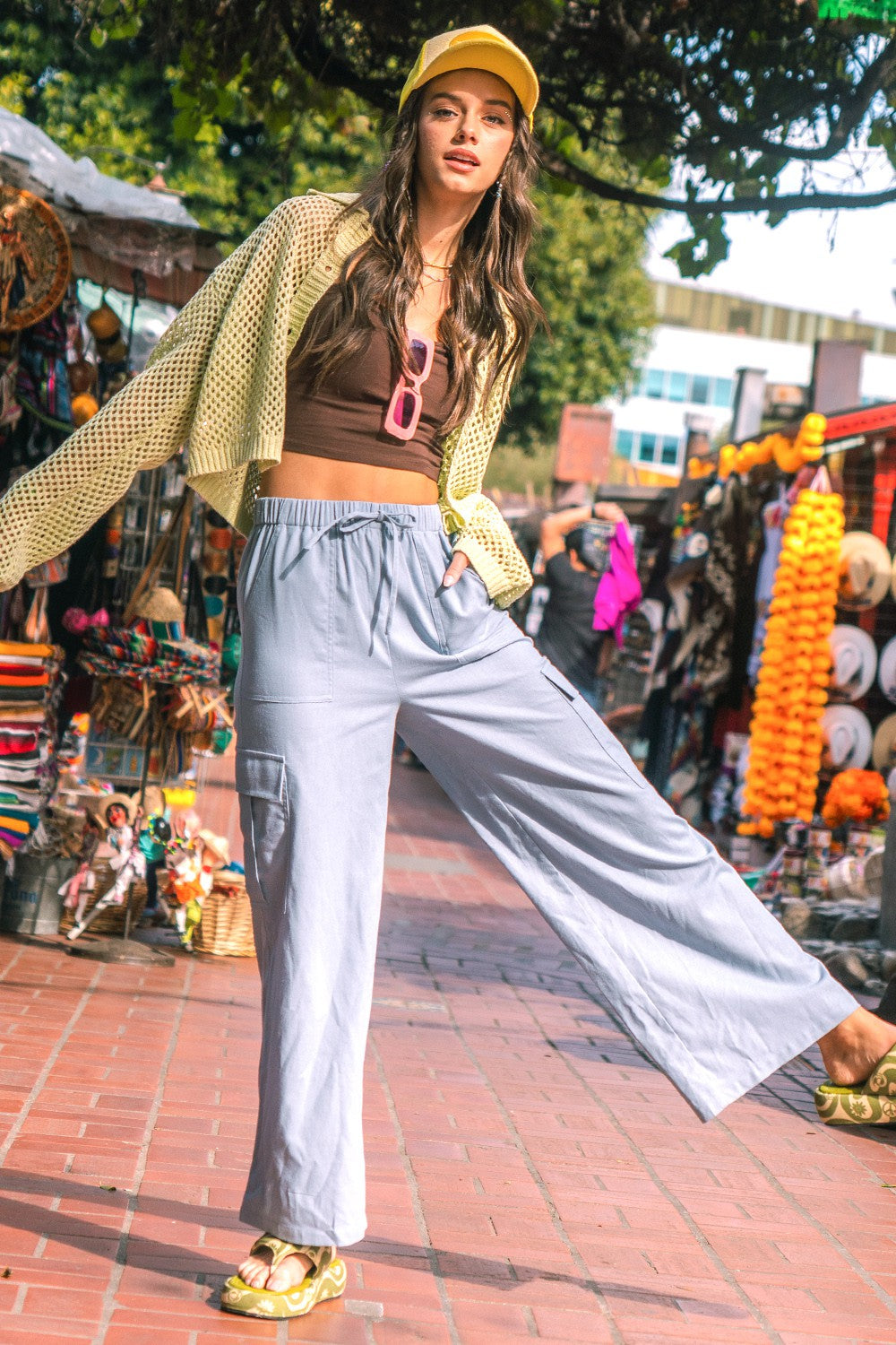 High Waisted Woven Wide Leg Cargo Pants