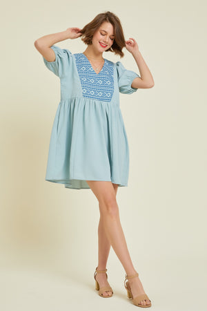 V-NECK EMBROIDERED BABYDOLL DRESS